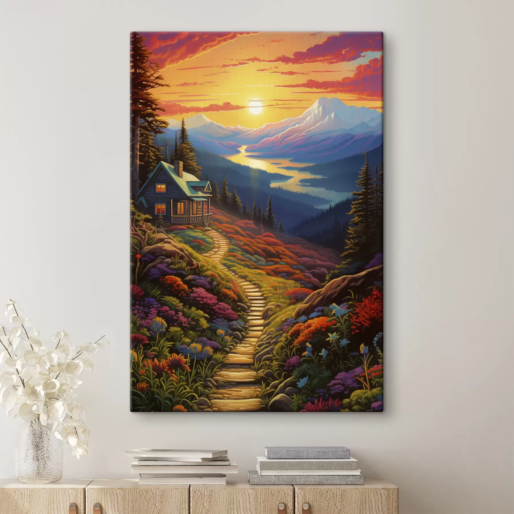 Fototapete Bunte Landschaft mit Bergen und Holzhaus, Sonnenuntergang Farben s40941