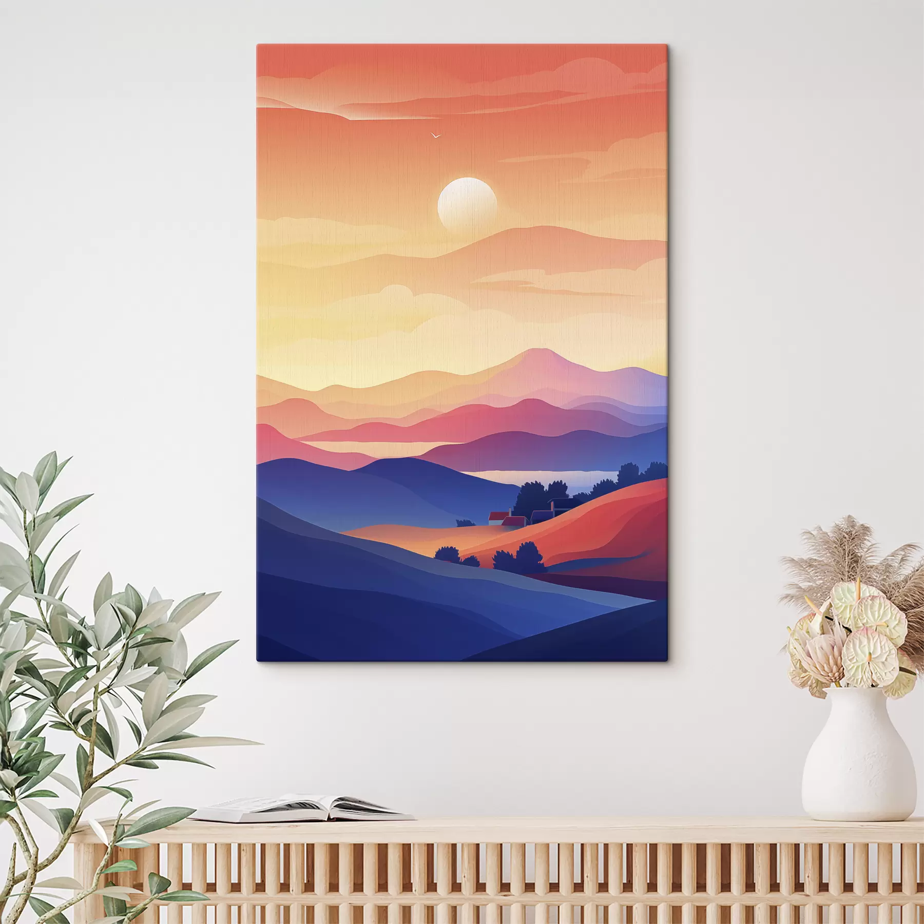 Fototapete Landschaften Abstraktion, Berge, Sonnenuntergang, Häuser s40948