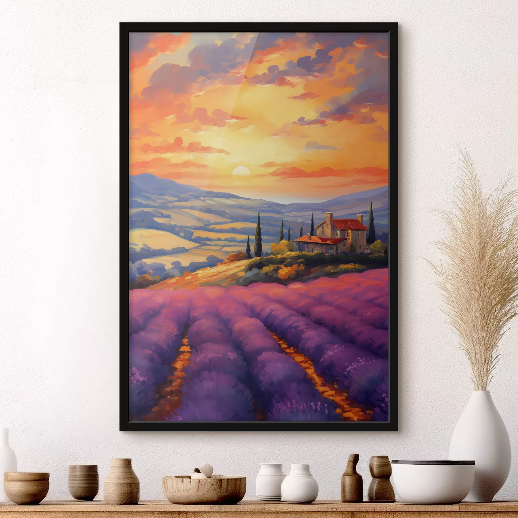 Fototapete Toskana Sonnenuntergang, Lavendelfelder, schöne Landschaften, Aquarell f40942