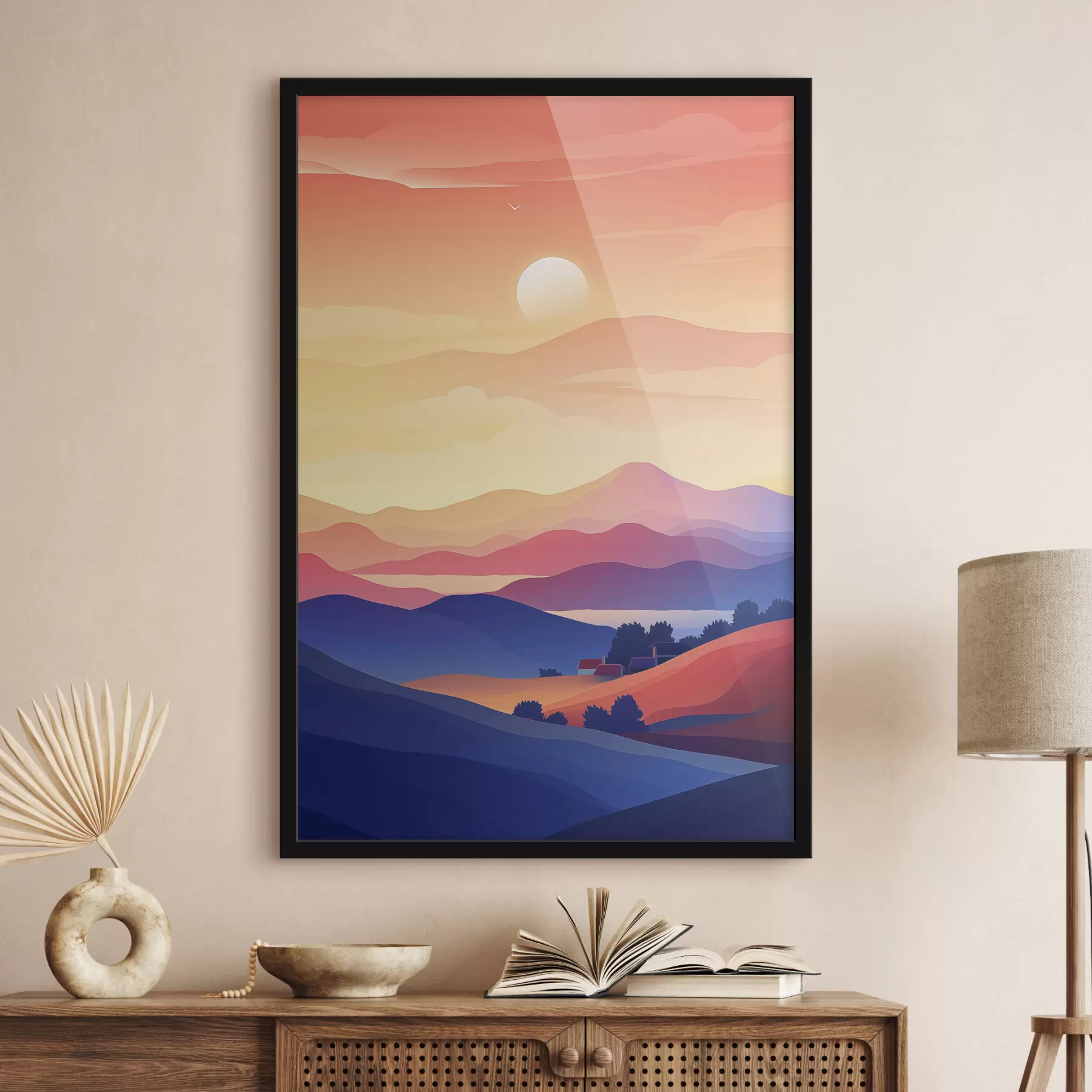 Fototapete Landschaften Abstraktion, Berge, Sonnenuntergang, Häuser f40948