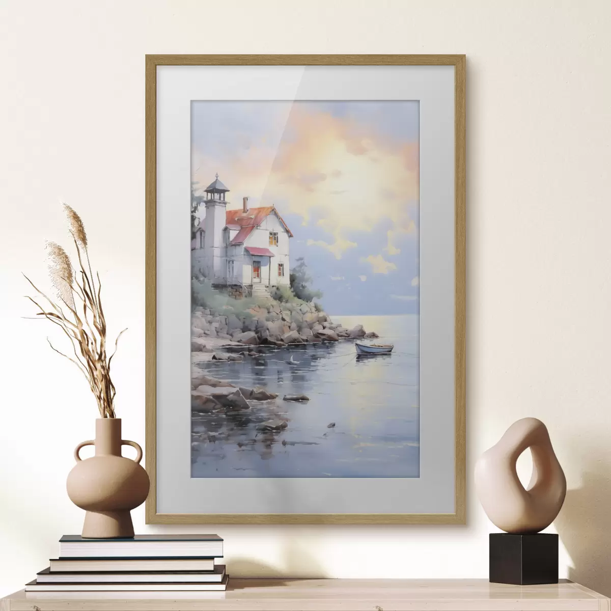 Poster Haus am Strand am Meer bei Sonnenuntergang f41010