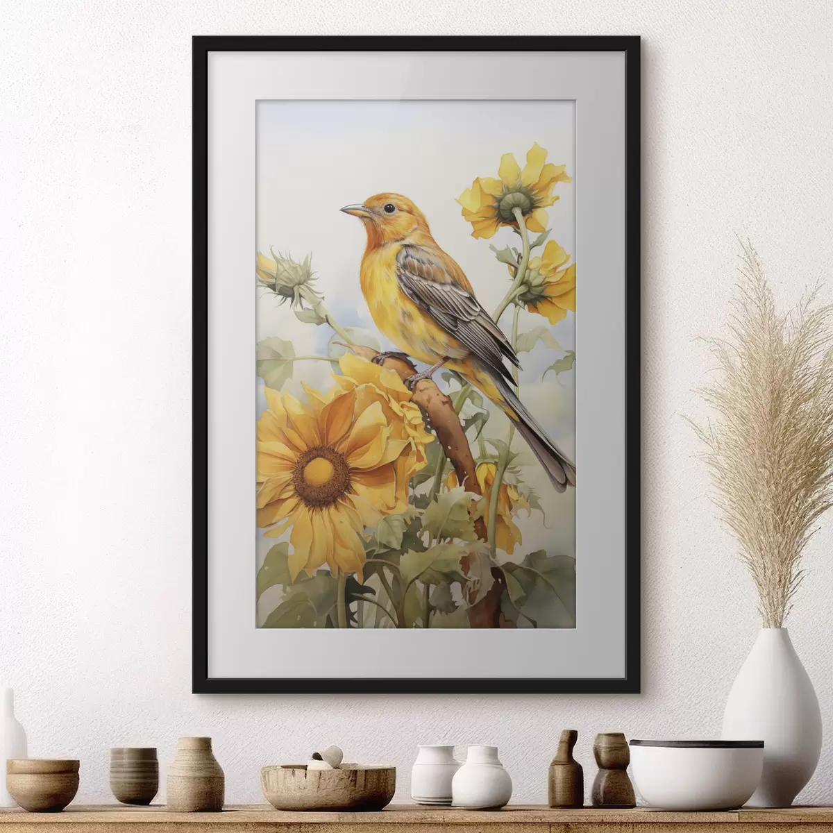 Poster Gelber Vogel auf Sonnenblume sitzend Aquarell f41015