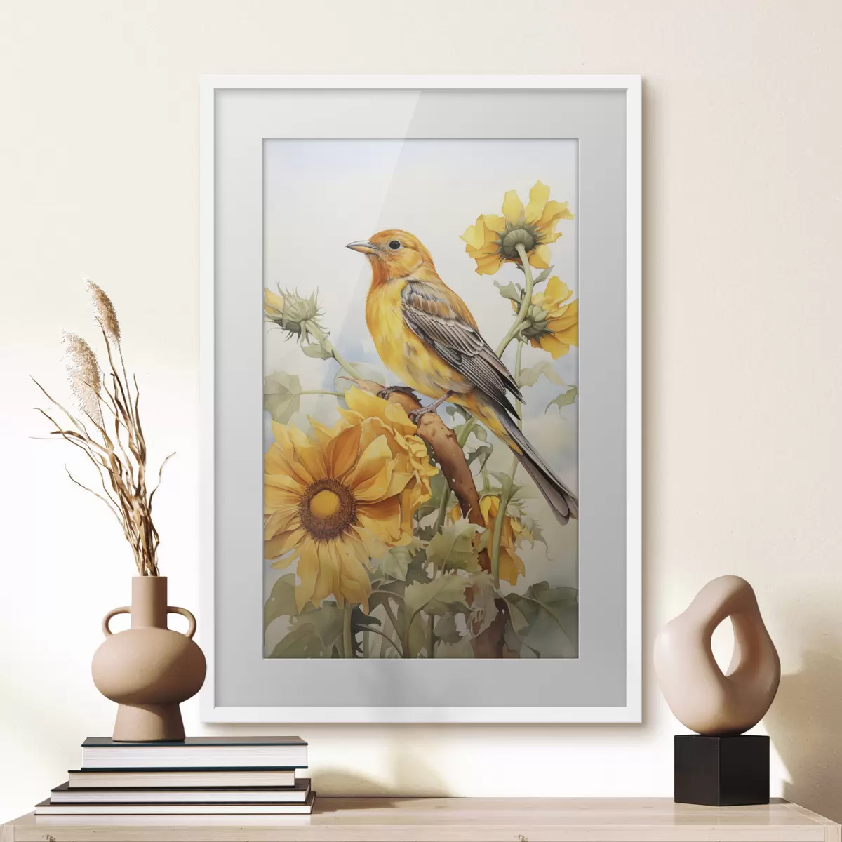 Poster Gelber Vogel auf Sonnenblume sitzend Aquarell f41015