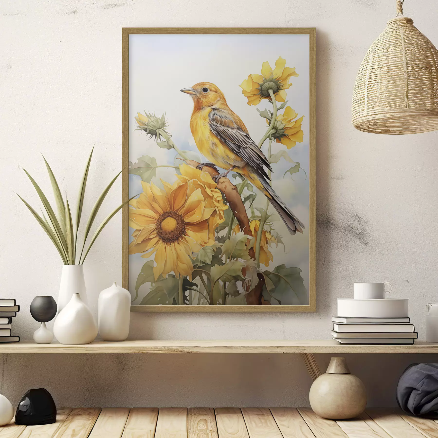 Fototapete Gelber Vogel auf Sonnenblume sitzend Aquarell f41015