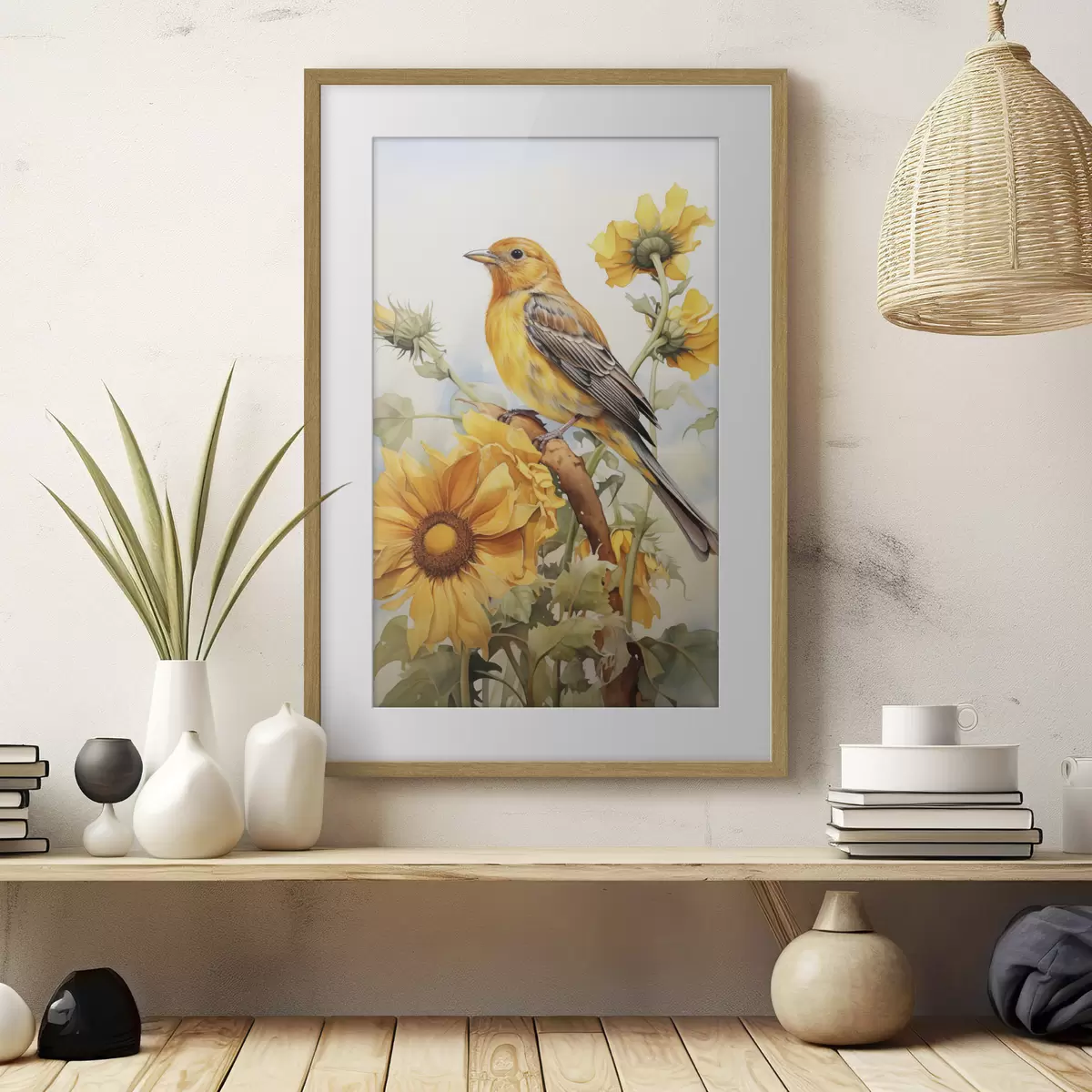 Poster Gelber Vogel auf Sonnenblume sitzend Aquarell f41015