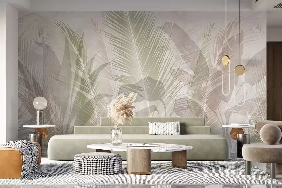 Fototapete Tropische Palmenblätter in sanften Pastellfarben, mit einem unscharfen und dunstigen strukturierten Hintergrund w08326