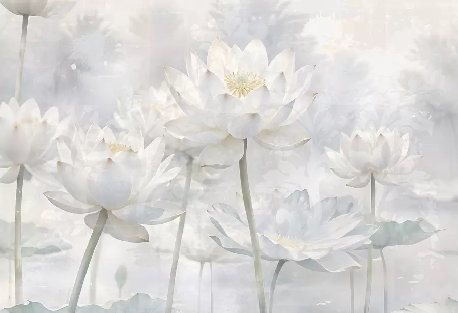 Fototapete Weiße Lotusblumen in einer nebligen, ätherischen abstrakten Pastell Landschaft Hintergrund w08328
