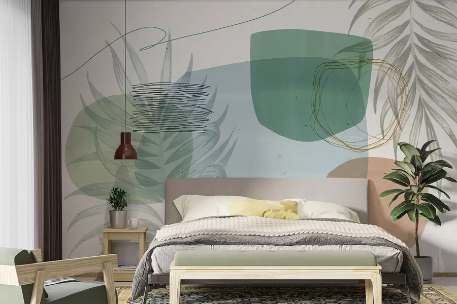 Fototapete Abstrakte, strukturierte Komposition mit organischen Formen und tropischen Blättern, in gedämpften Pastellfarben w08335