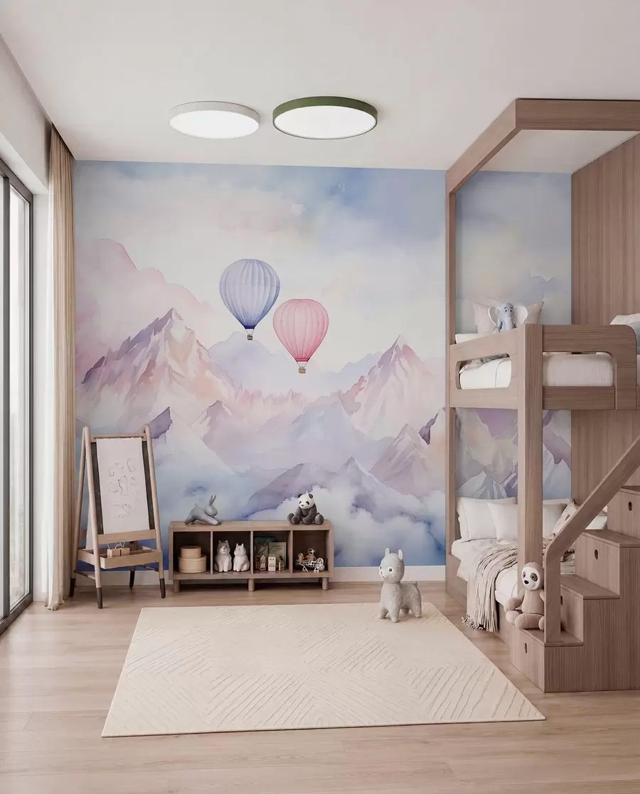 Fototapete Aquarell Berge mit Luftballons, ätherisch  w01786