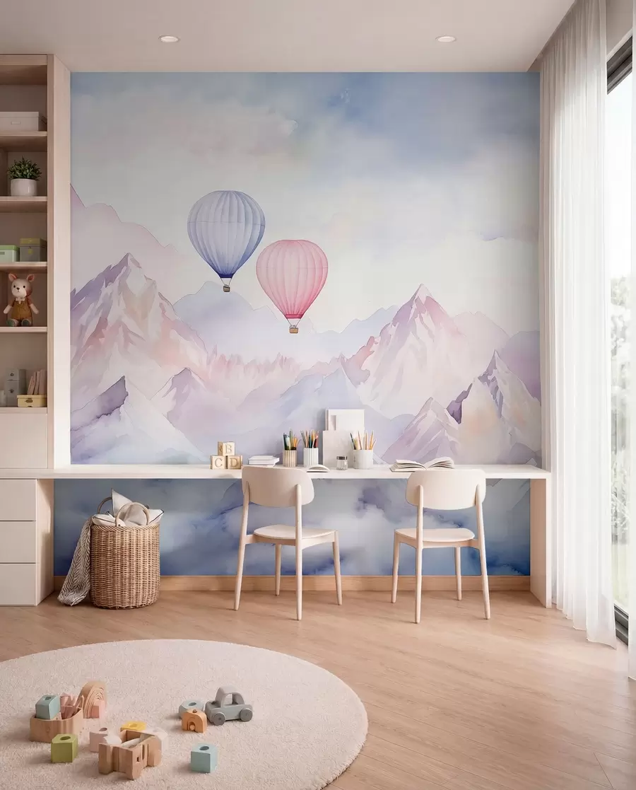 Fototapete Aquarell Berge mit Luftballons, ätherisch  w01786