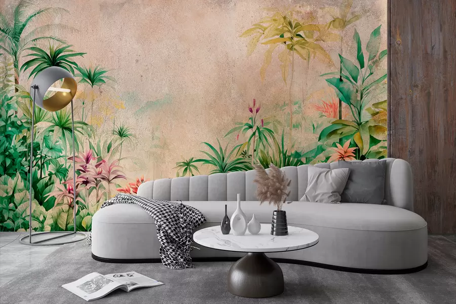 Fototapete Dschungel Wald, Aquarell, Palmen, Blumen, beige Hintergrund  w01788