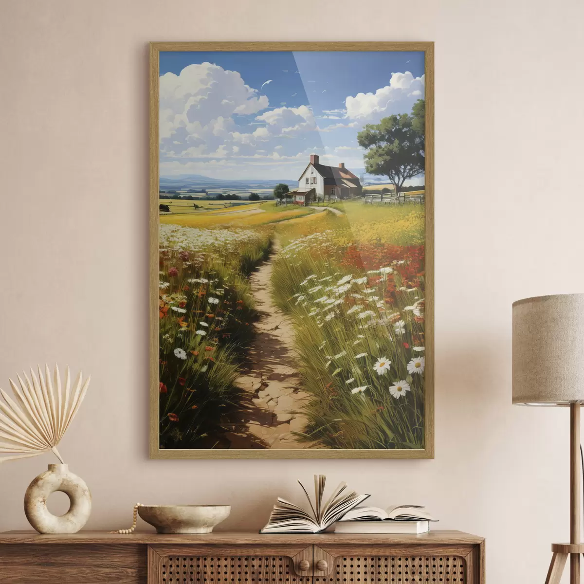 Poster ein Weg durch ein blühendes Feld und ein Haus f41109