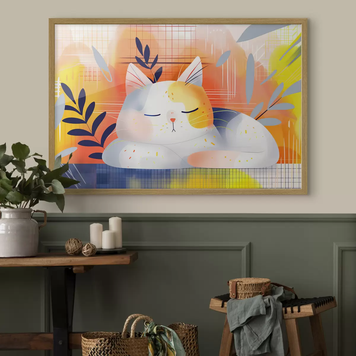 Poster Eine niedliche Katze, die zwischen Pflanzen schläft, in einem grafischen Stil f40956