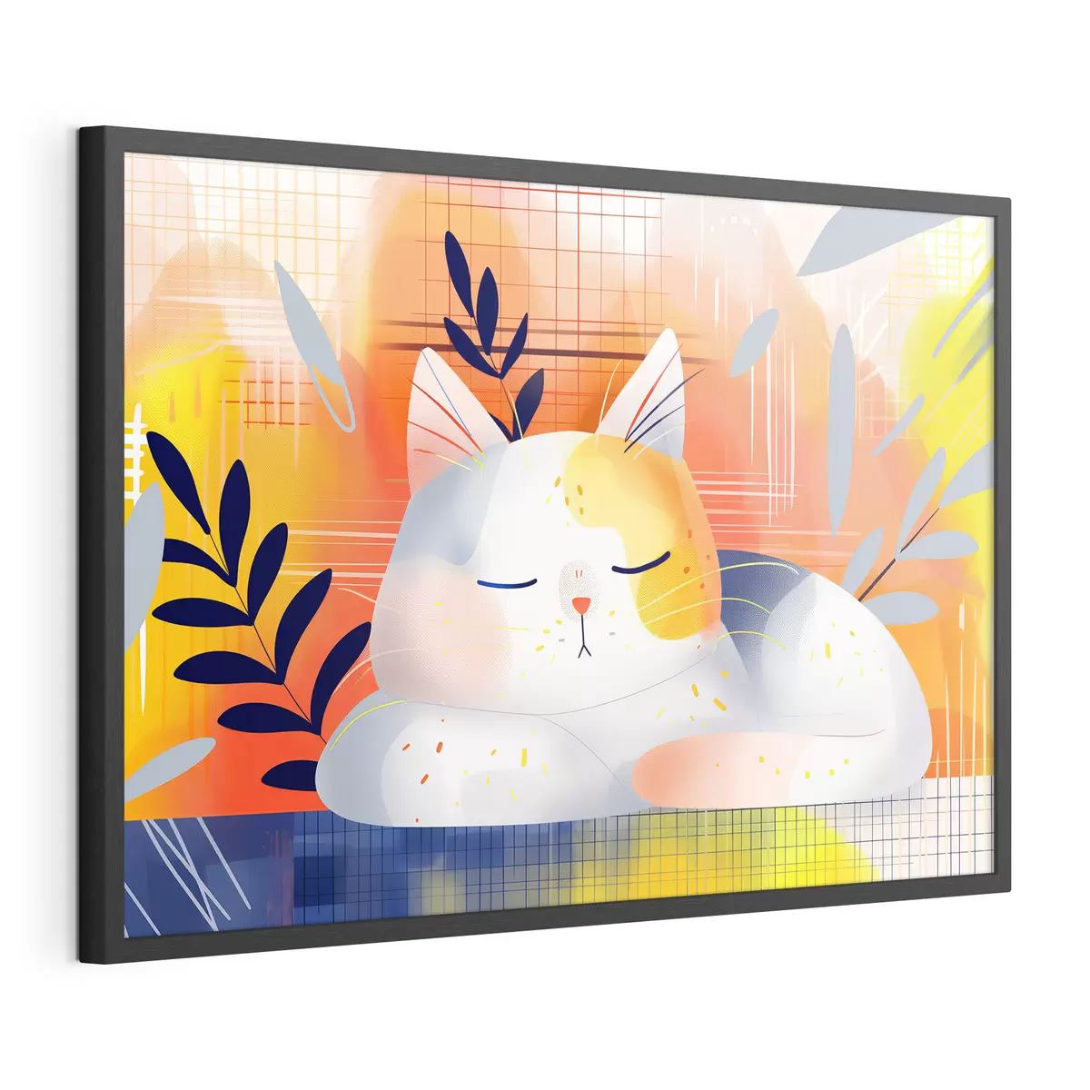 Poster Eine niedliche Katze, die zwischen Pflanzen schläft, in einem grafischen Stil f40956