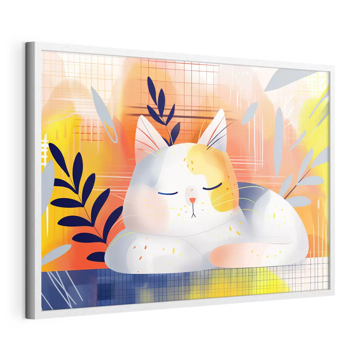 Poster Eine niedliche Katze, die zwischen Pflanzen schläft, in einem grafischen Stil f40956