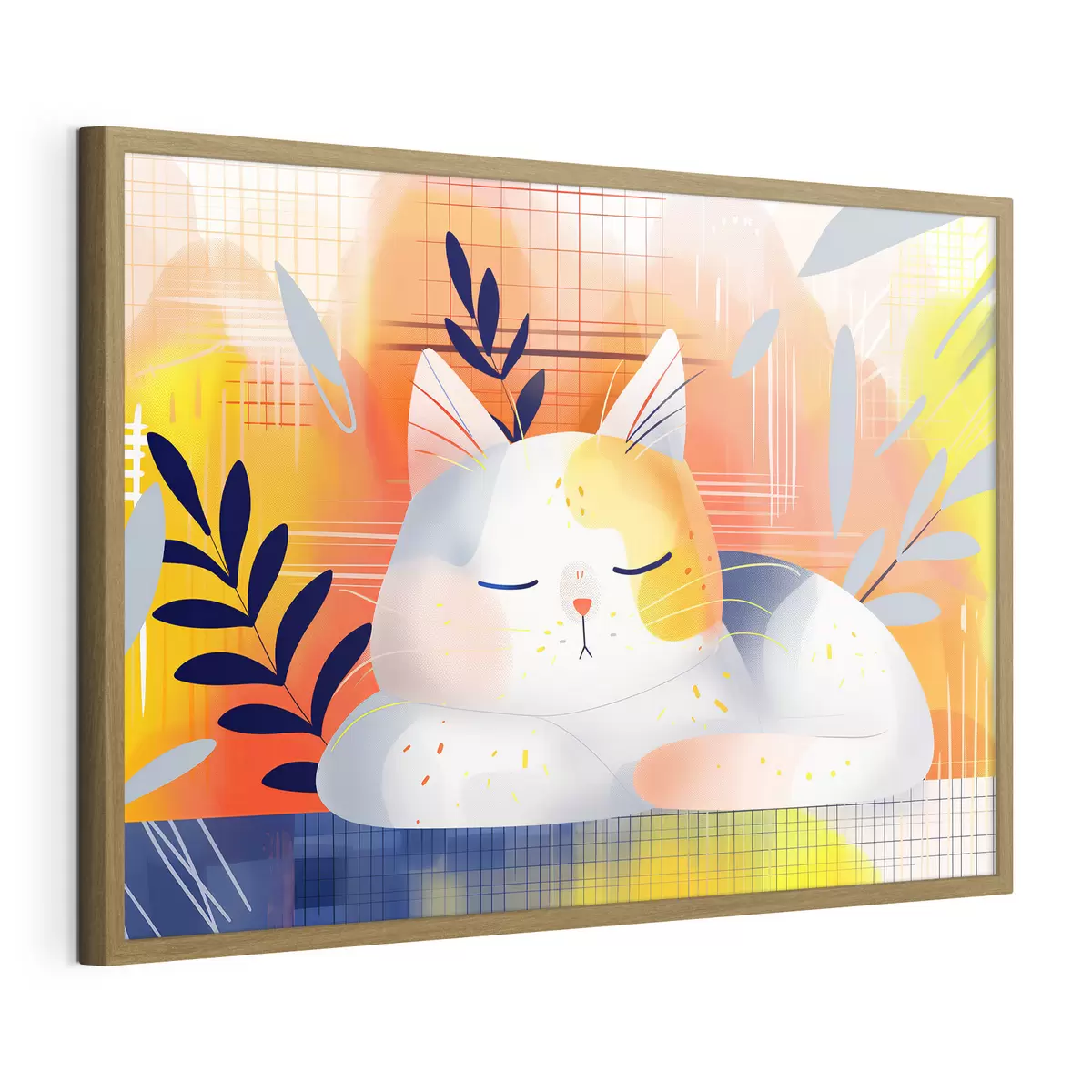 Poster Eine niedliche Katze, die zwischen Pflanzen schläft, in einem grafischen Stil f40956