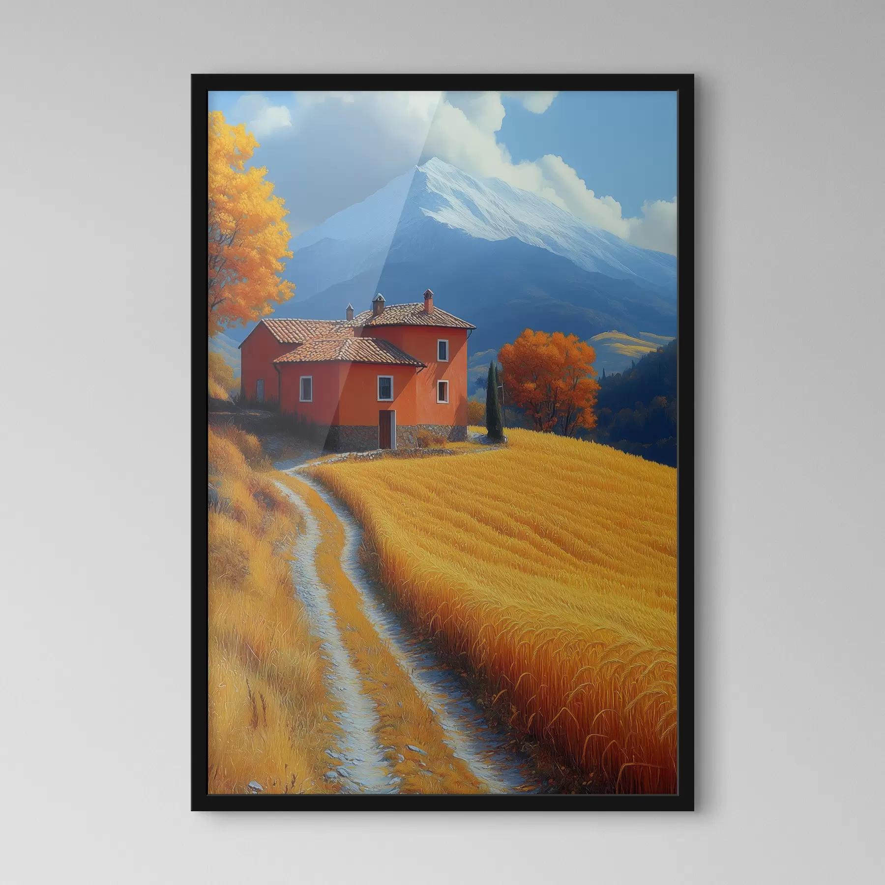 Fototapete Eine Hütte auf einem Feld mit herbstlich gefärbten Bergen im Hintergrund f40962