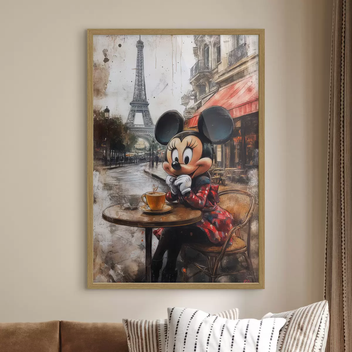 Poster Micky-Maus-Mädchen beim Kaffeetrinken vor dem Eiffelturm in Paris f40972