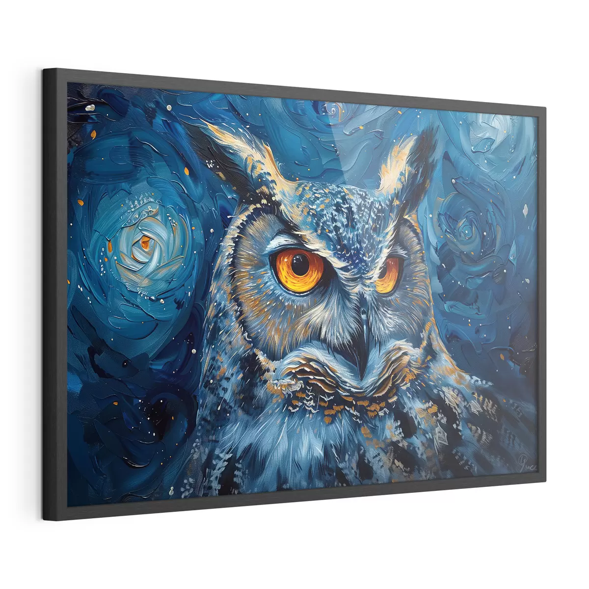 Poster Der Blick einer Eule bei Nacht mit einem Himmel im Van-Gogh-Stil f40982