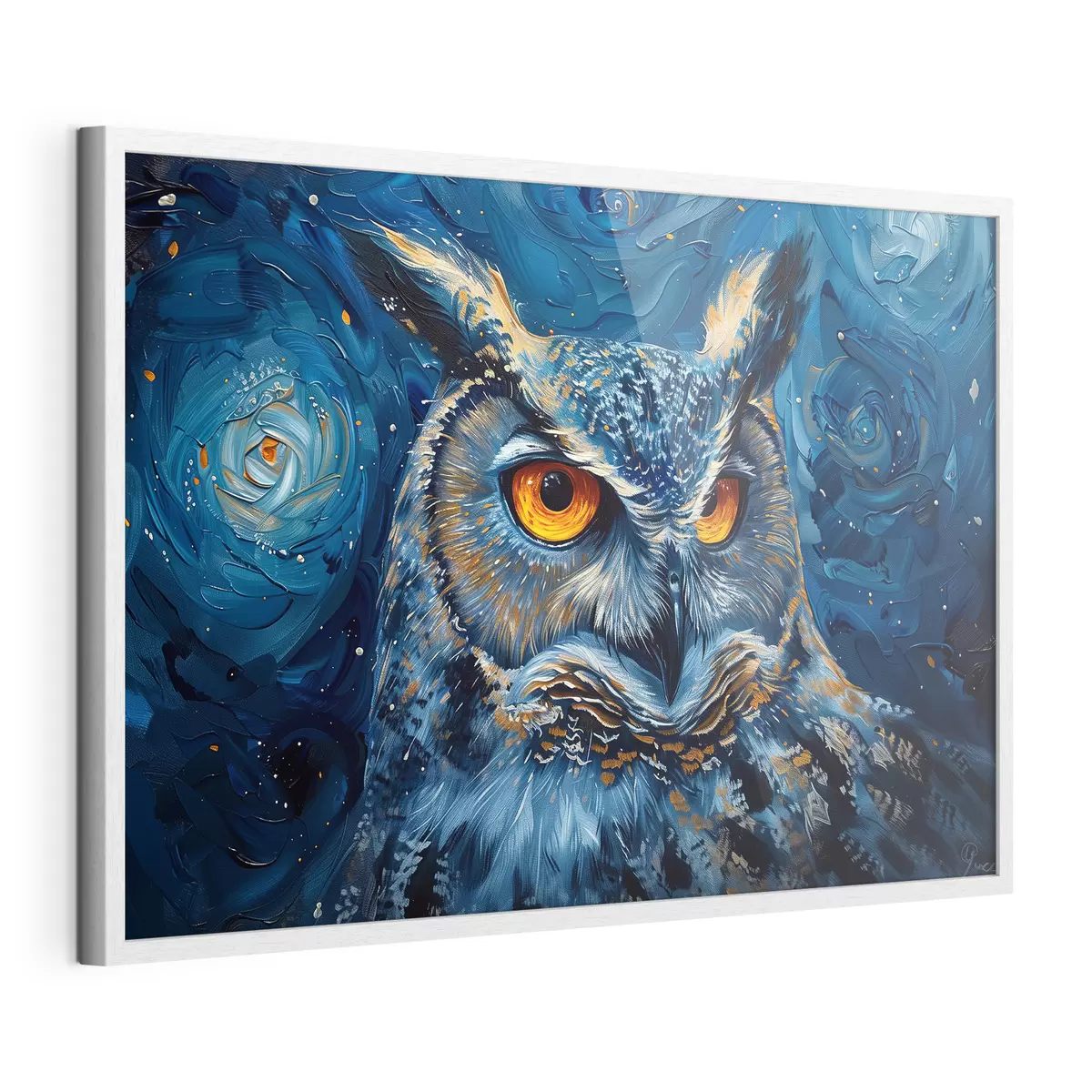 Poster Der Blick einer Eule bei Nacht mit einem Himmel im Van-Gogh-Stil f40982