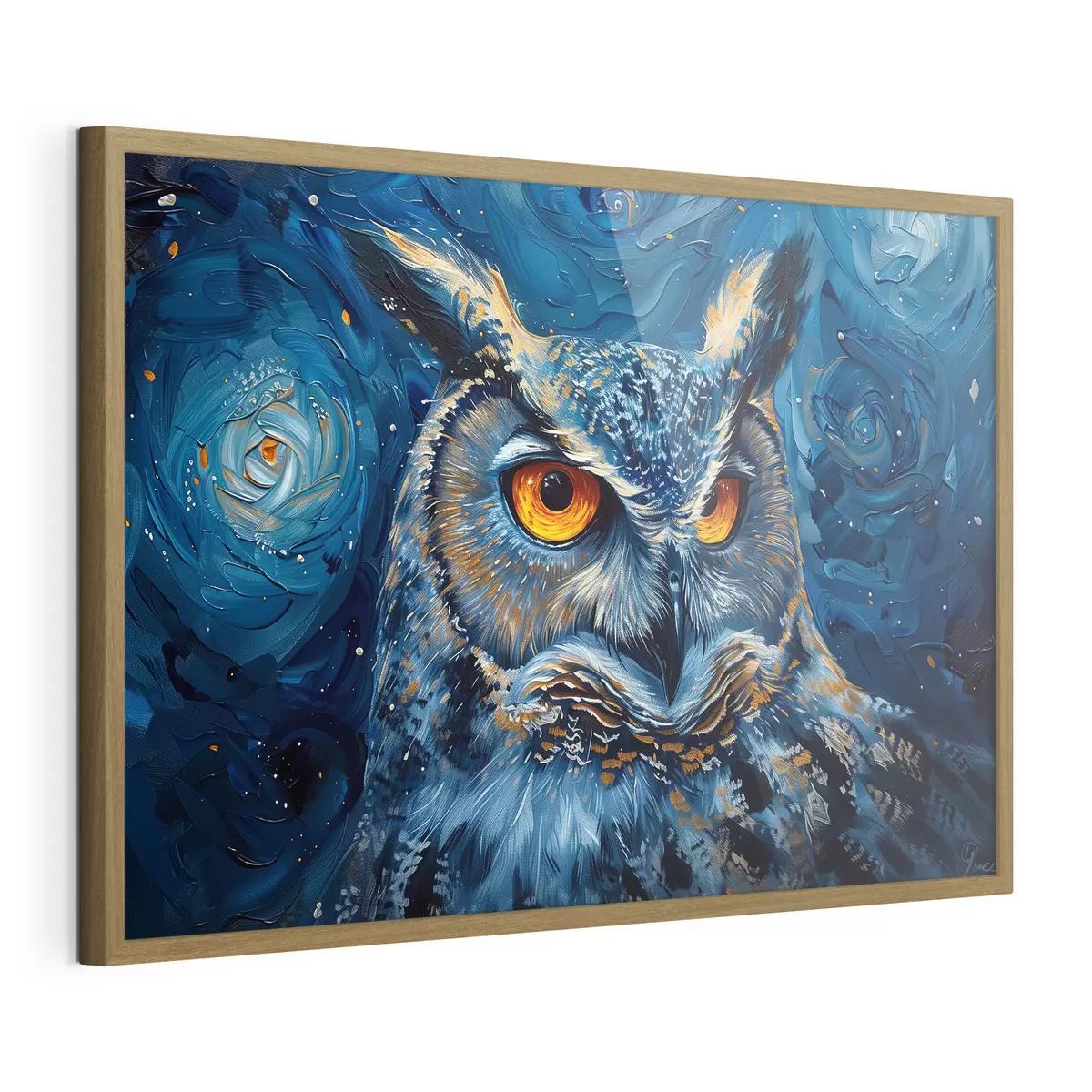 Poster Der Blick einer Eule bei Nacht mit einem Himmel im Van-Gogh-Stil f40982