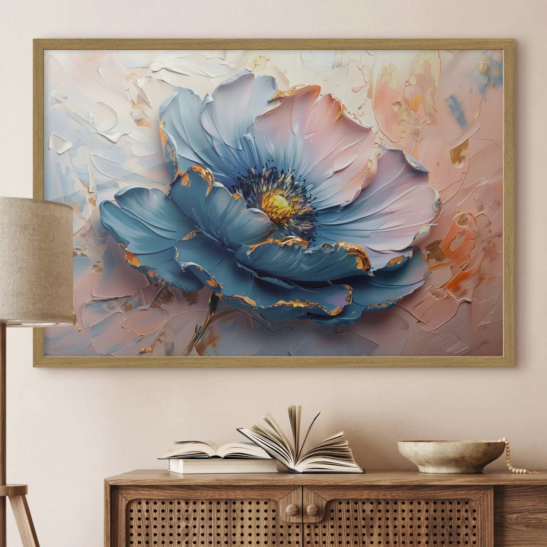 Fototapete Eine große Blume in zarten Farben, kräftige Ölpinselstriche f40991