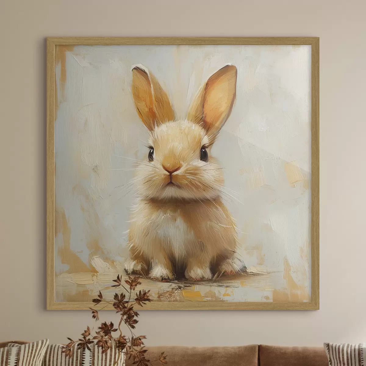 Poster Beigefarbener Hase auf hellem Hintergrund mit kräftigen Pinselstrichen f41000