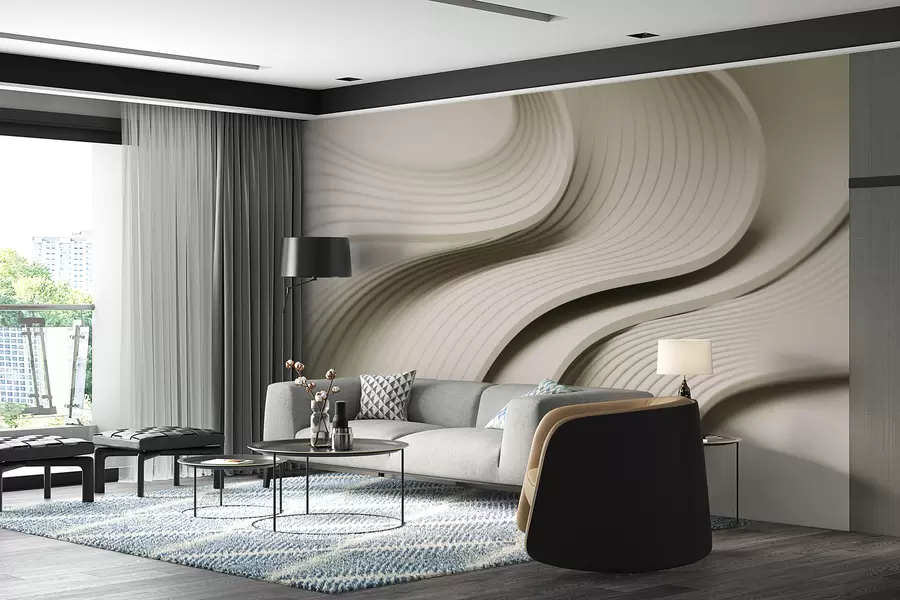Fototapete Elegante voluminöse Wellen im 3D-Stil in Beigetönen w01147v2