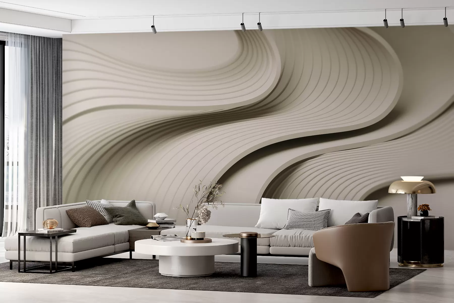 Fototapete Elegante voluminöse Wellen im 3D-Stil in Beigetönen w01147v2