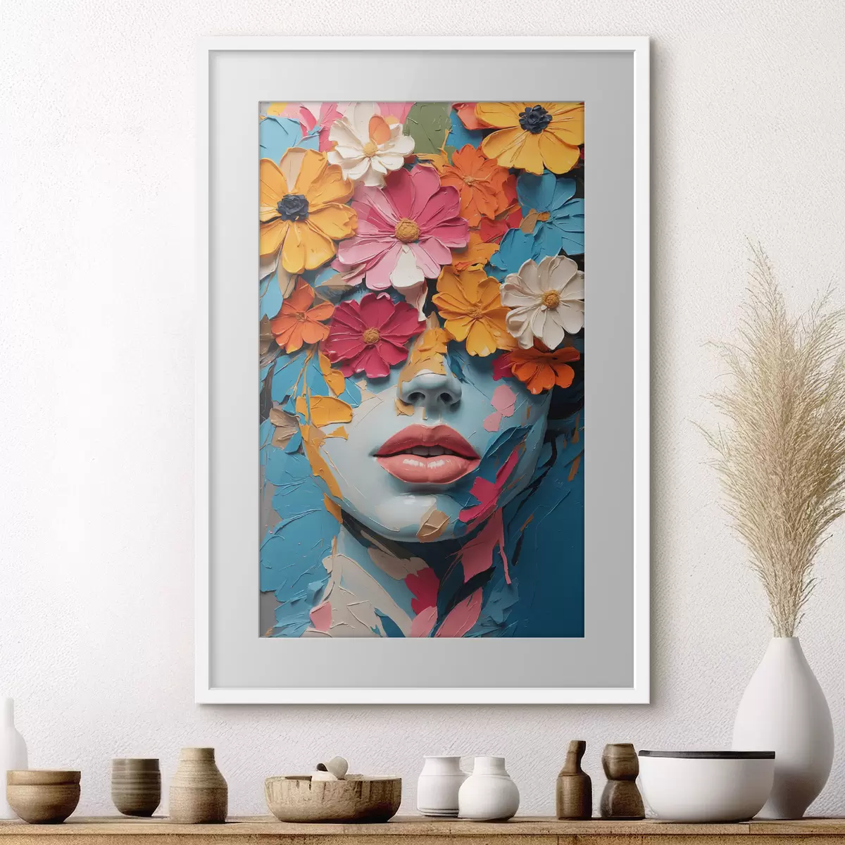 Poster Gesicht eines Mädchens in Öl mit Blumen bedeckt f41023