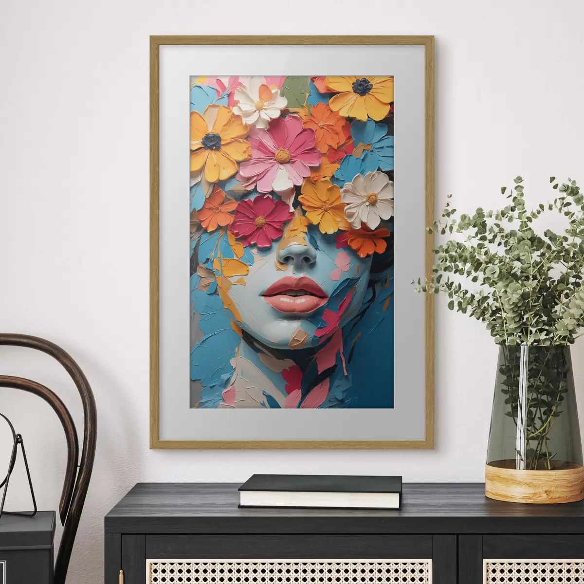 Poster Gesicht eines Mädchens in Öl mit Blumen bedeckt f41023