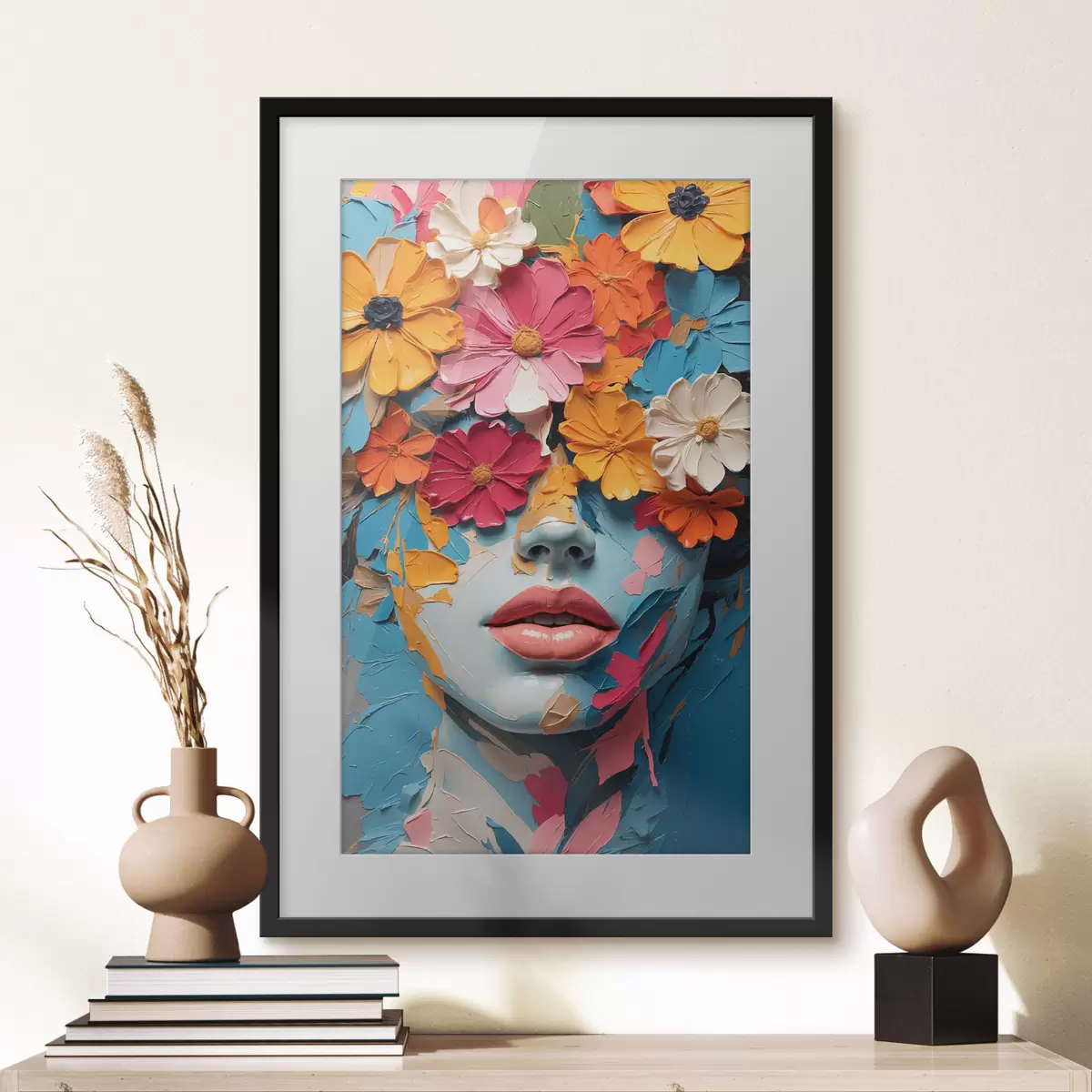 Poster Gesicht eines Mädchens in Öl mit Blumen bedeckt f41023