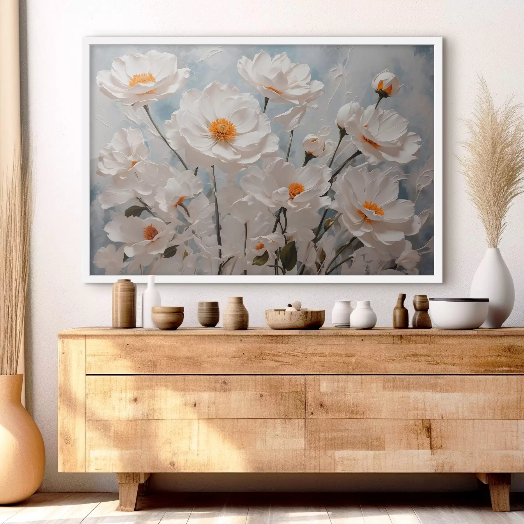 Fototapete Weiße Blumen auf blau-weißem Öl-Hintergrund f41041