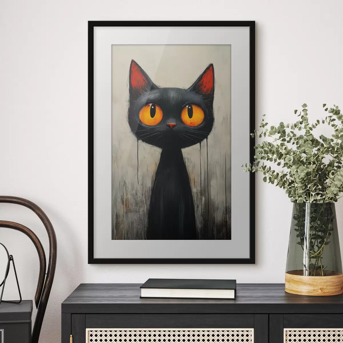 Poster Schwarze Aquarellkatze mit gelben Augen f41120