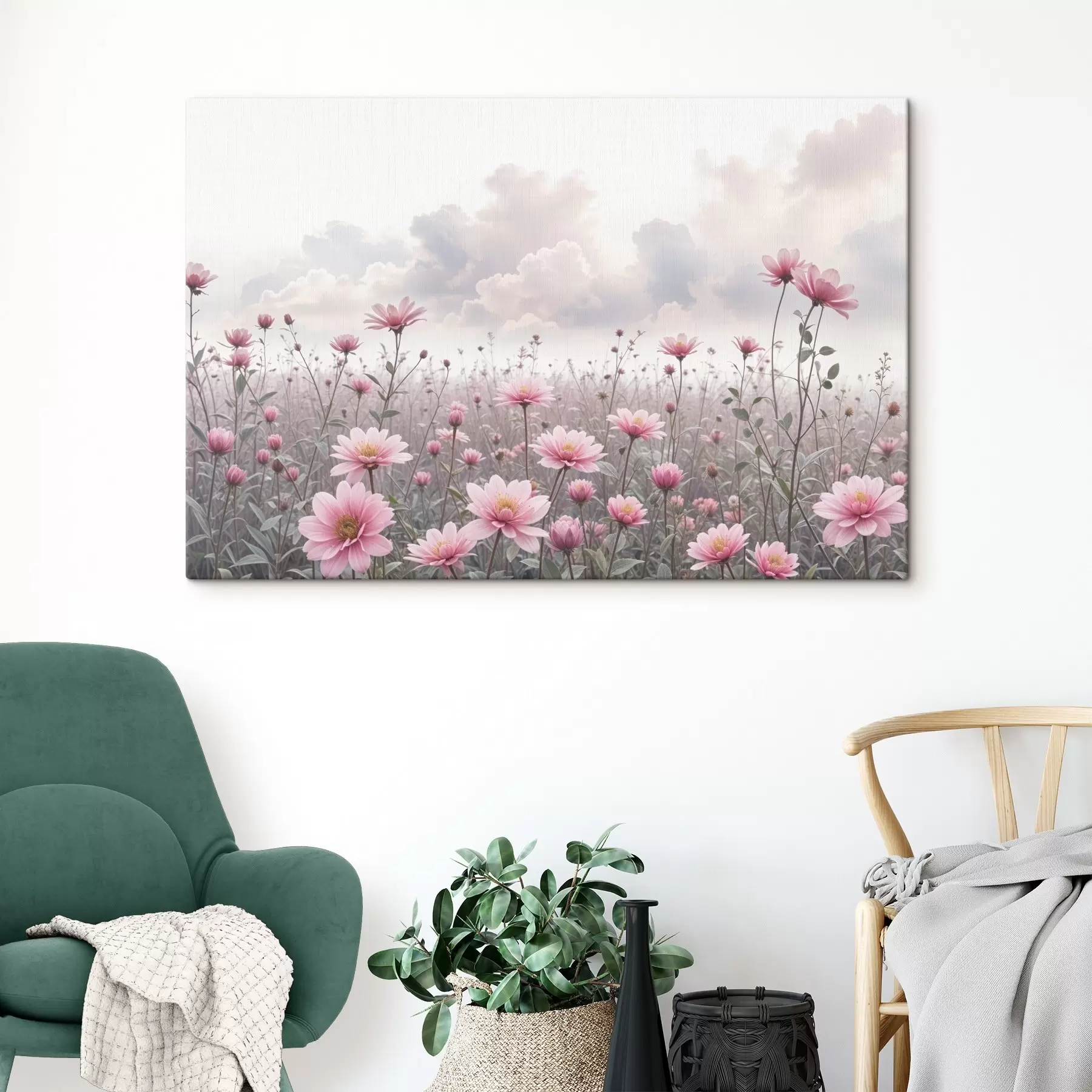 Fototapete Ein Feld von rosa Gänseblümchen gegen einen bewölkten Himmel Hintergrund s41102