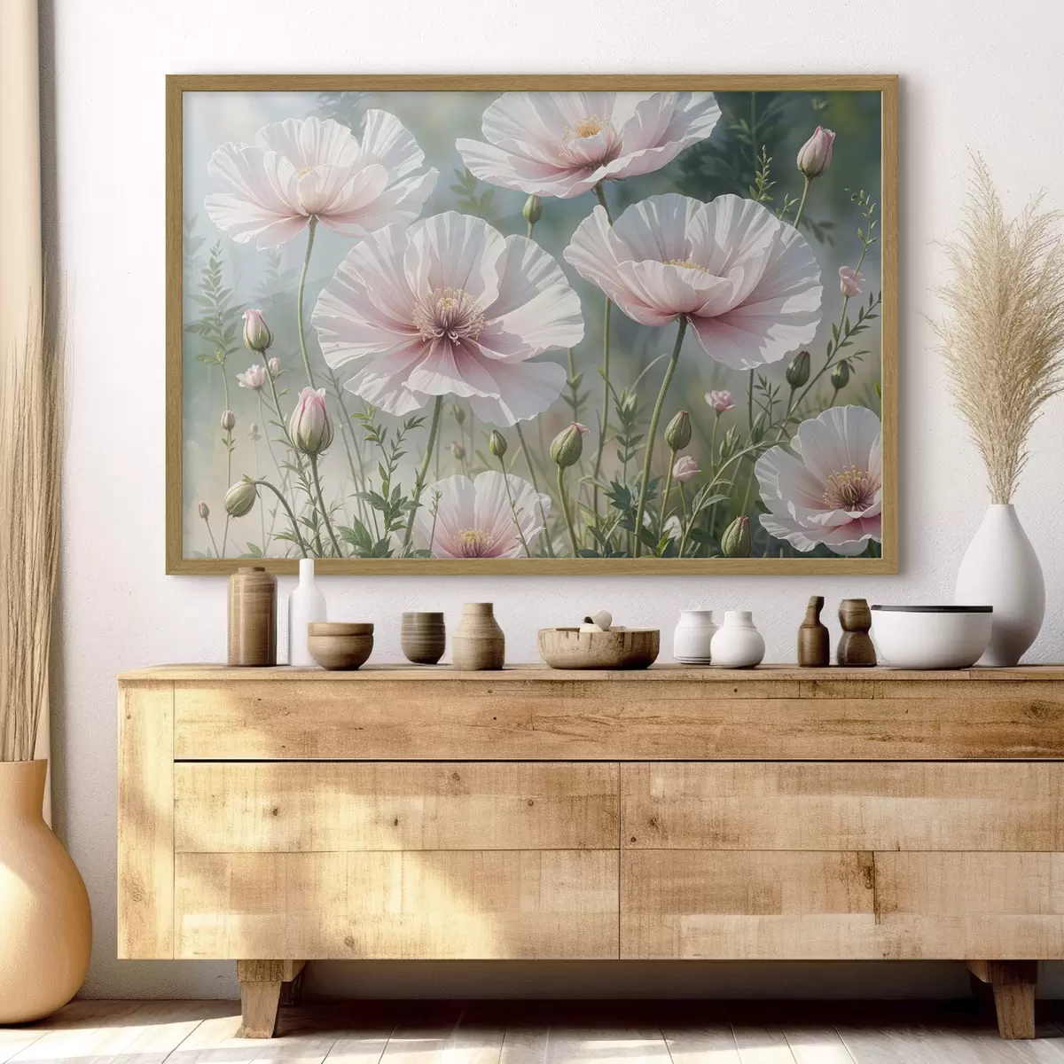 Poster Ein Feld mit zarten, blassrosa Mohnblumen mit weichen, hauchzarten Blütenblättern vor einem verschwommenen grünen Hintergrund f41094