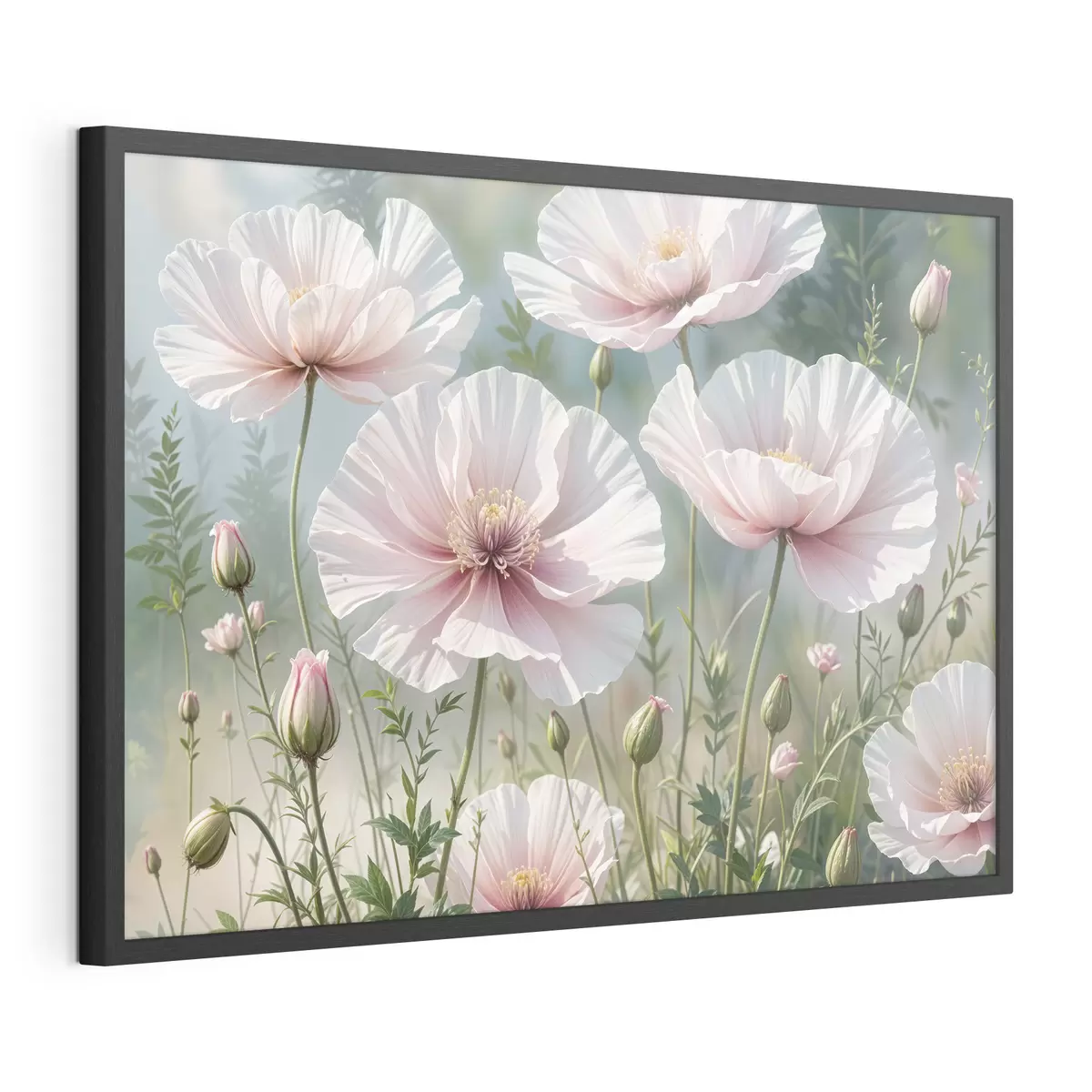 Poster Ein Feld mit zarten, blassrosa Mohnblumen mit weichen, hauchzarten Blütenblättern vor einem verschwommenen grünen Hintergrund f41094