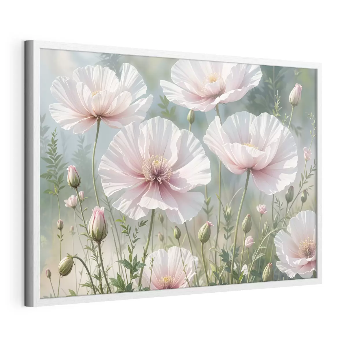 Poster Ein Feld mit zarten, blassrosa Mohnblumen mit weichen, hauchzarten Blütenblättern vor einem verschwommenen grünen Hintergrund f41094