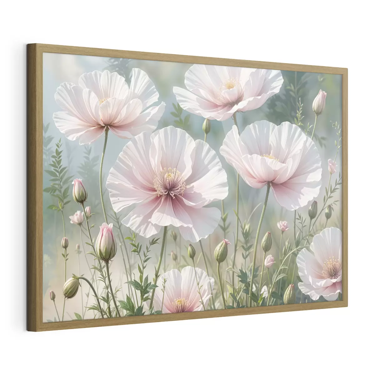 Poster Ein Feld mit zarten, blassrosa Mohnblumen mit weichen, hauchzarten Blütenblättern vor einem verschwommenen grünen Hintergrund f41094