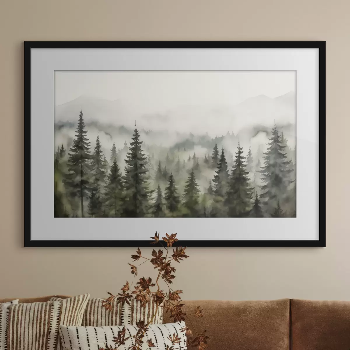 Poster Grüner Wald auf dem Hintergrund der Berge Berge und Nebel Aquarell f41241