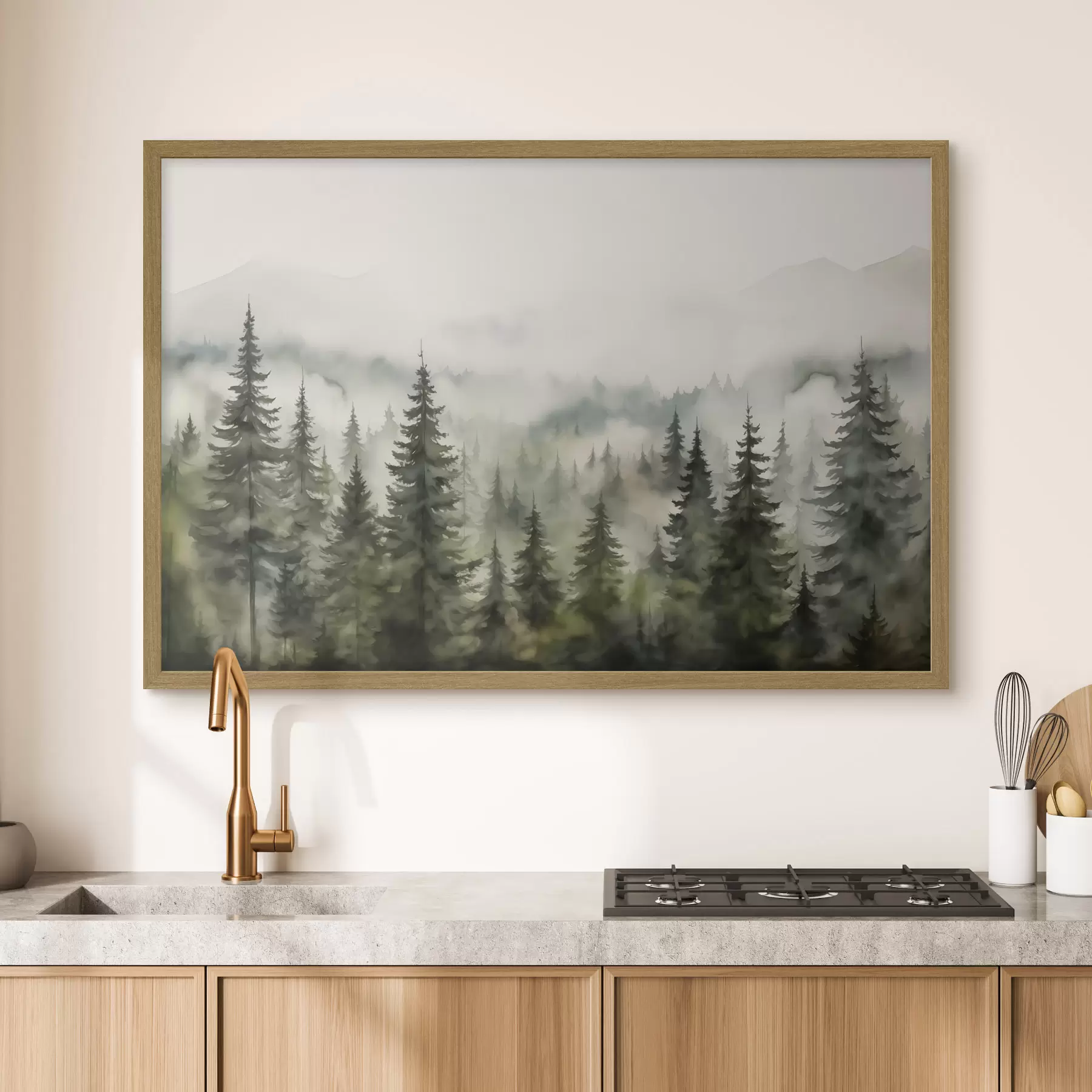 Fototapete Grüner Wald auf dem Hintergrund der Berge Berge und Nebel Aquarell f41241