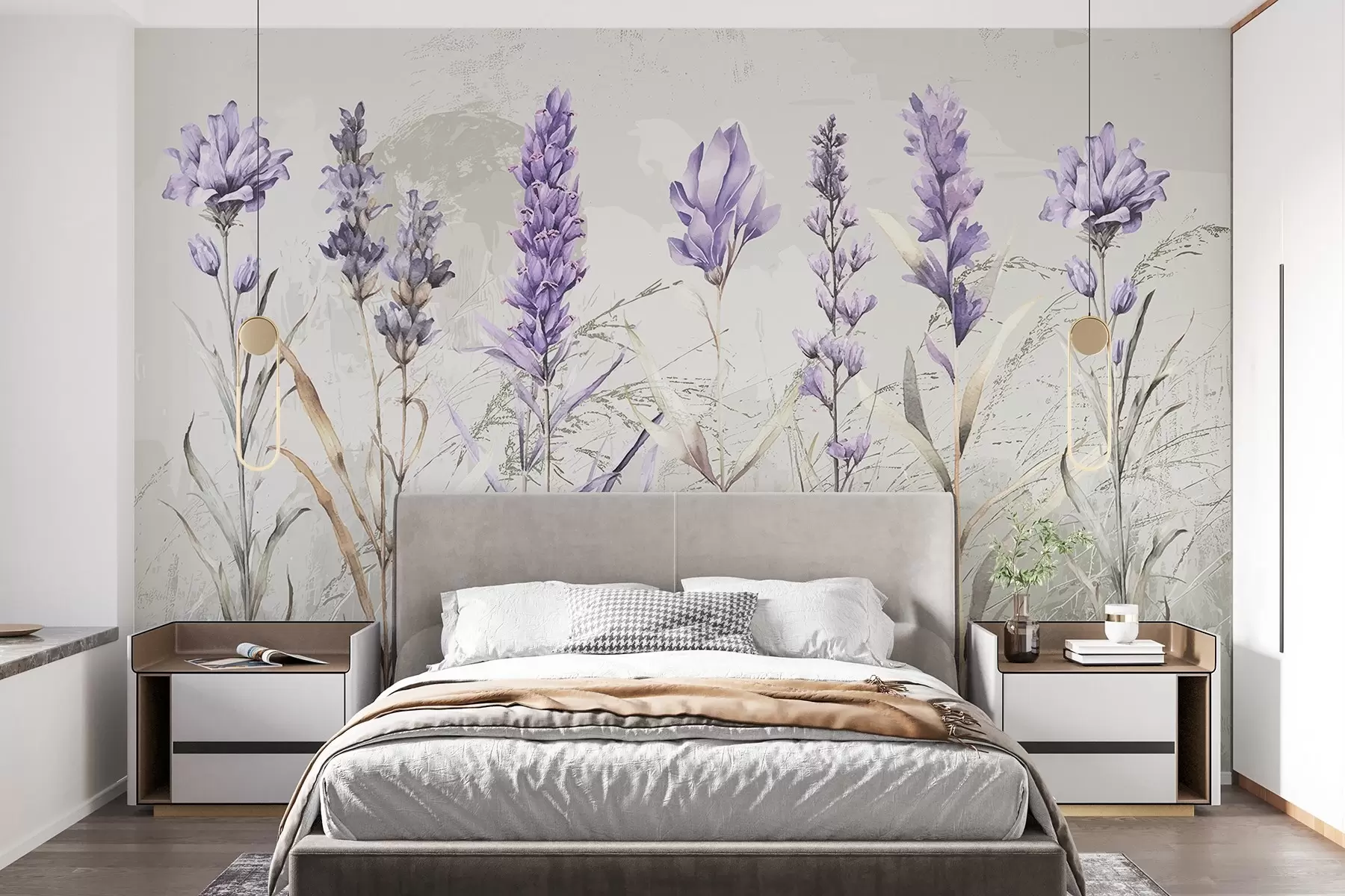 Fototapete Ein Feld von lila Aquarell Lavendel Blumen mit weichen, verschwommenen strukturierten beige Hintergrund w08346