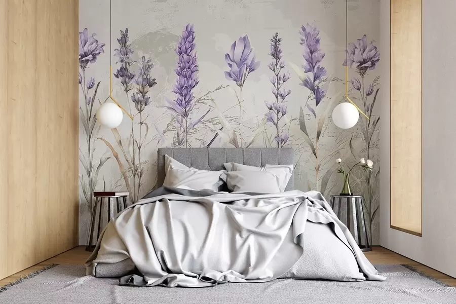 Fototapete Ein Feld von lila Aquarell Lavendel Blumen mit weichen, verschwommenen strukturierten beige Hintergrund w08346