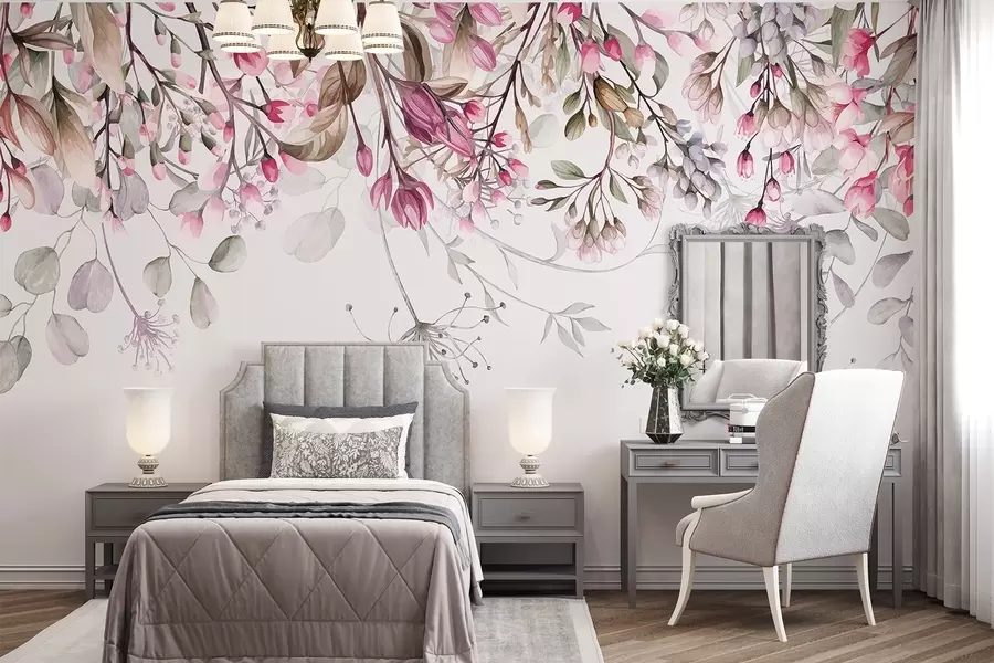 Fototapete Zarte rosa und weiße Blütenzweige mit Blättern und Blütenblättern, auf pastellgrauem Hintergrund w08347