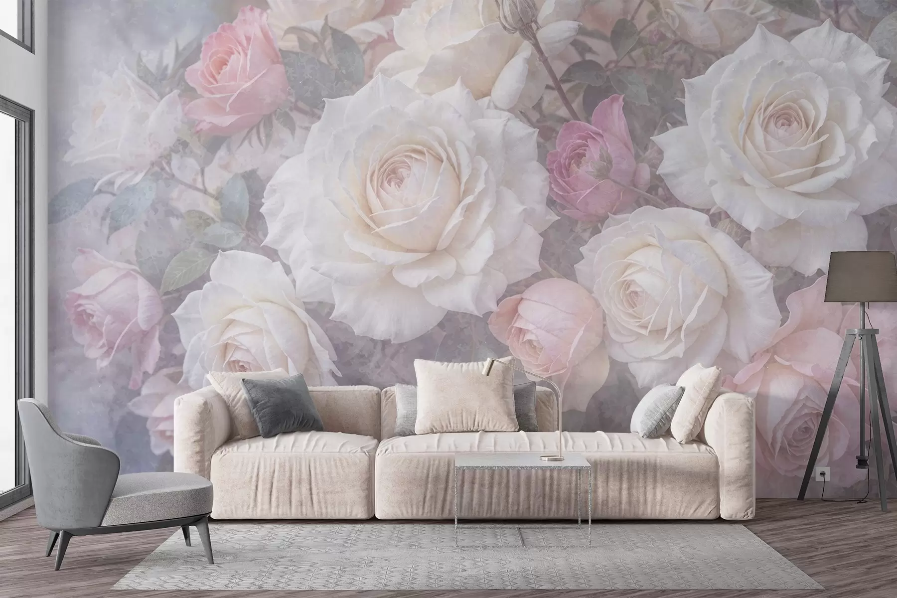 Fototapete Zarte, pastellfarbene Rosen und Pfingstrosen vor einem verschwommenen, neblig-grauen, strukturierten Hintergrund w08352