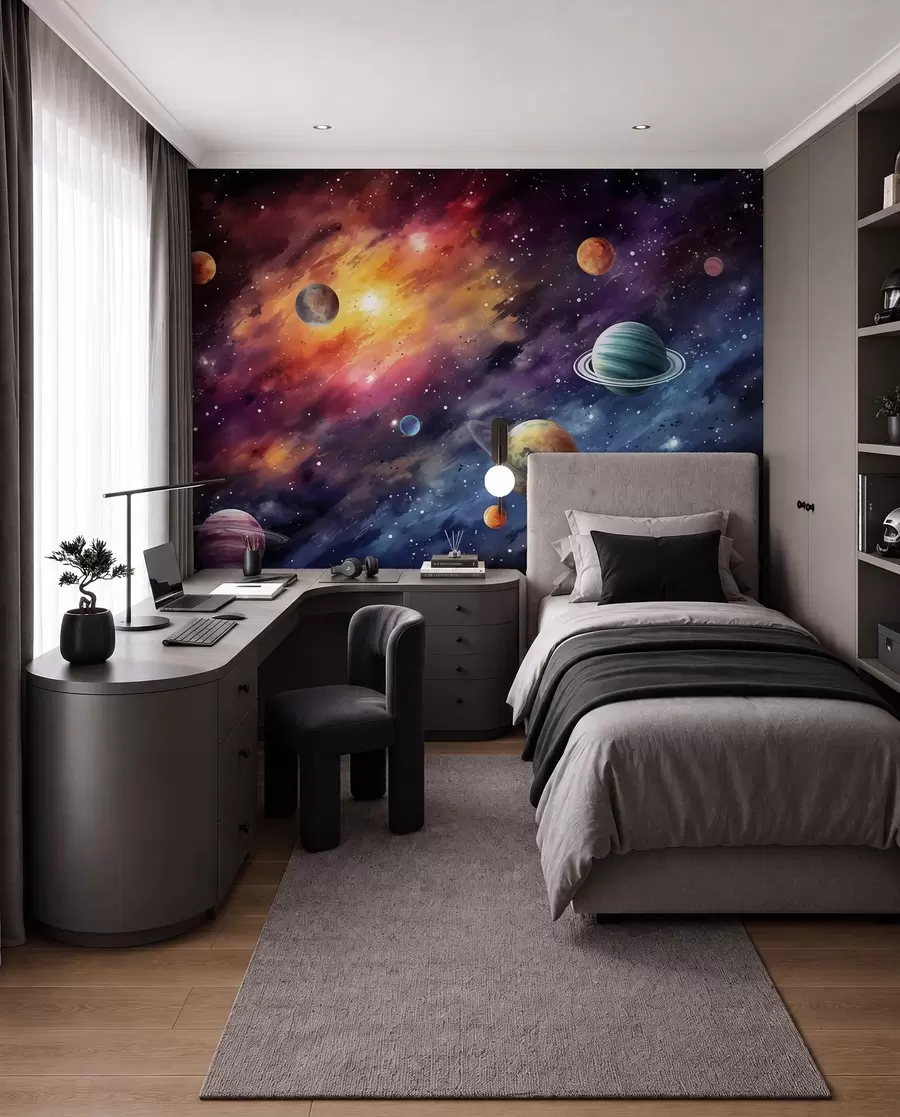 Fototapete Weltraum mit Planeten und Sternen, Aquarell, kosmisch w01798