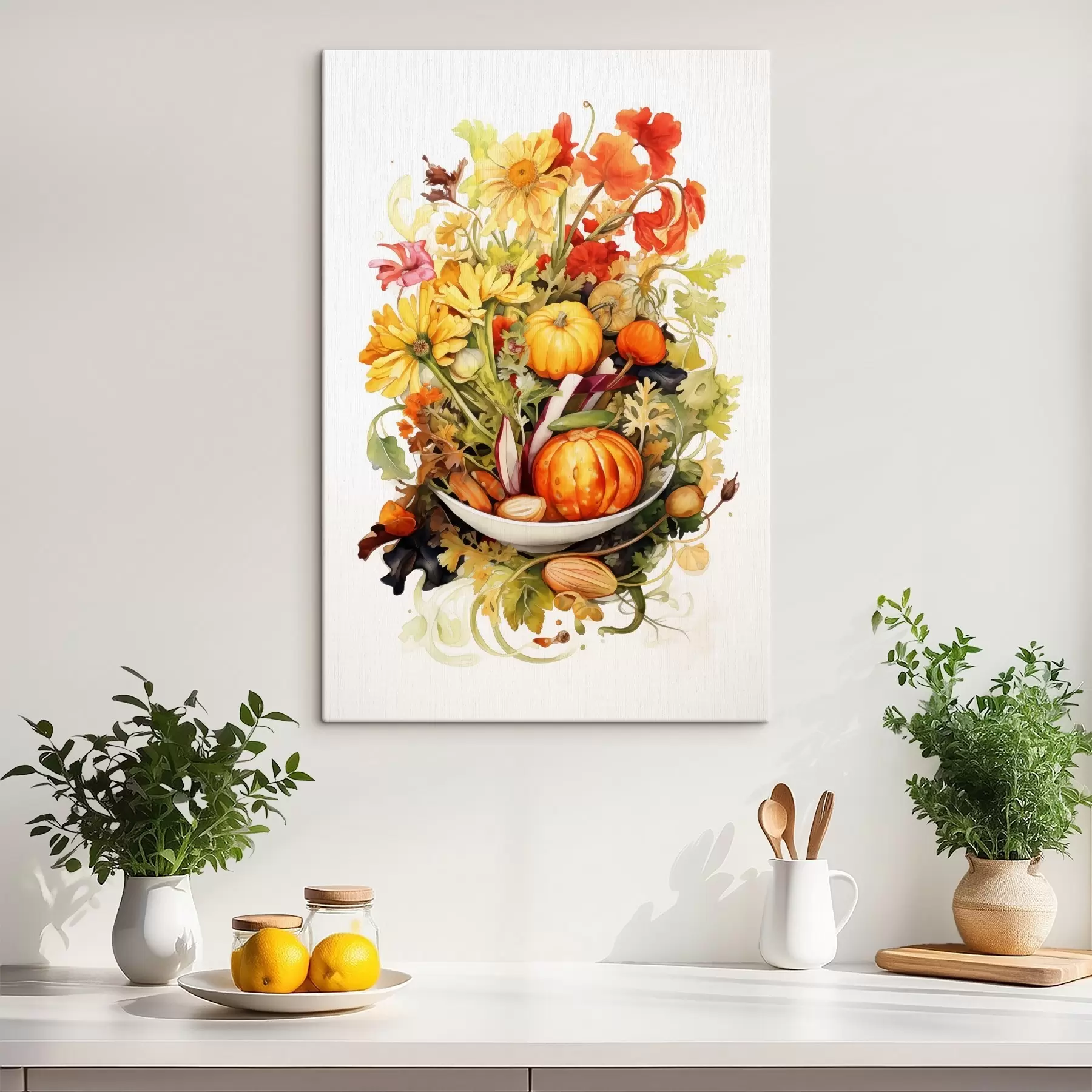 Fototapete Herbsternte, Aquarellgemüse, Kürbisse, Blumen s41172
