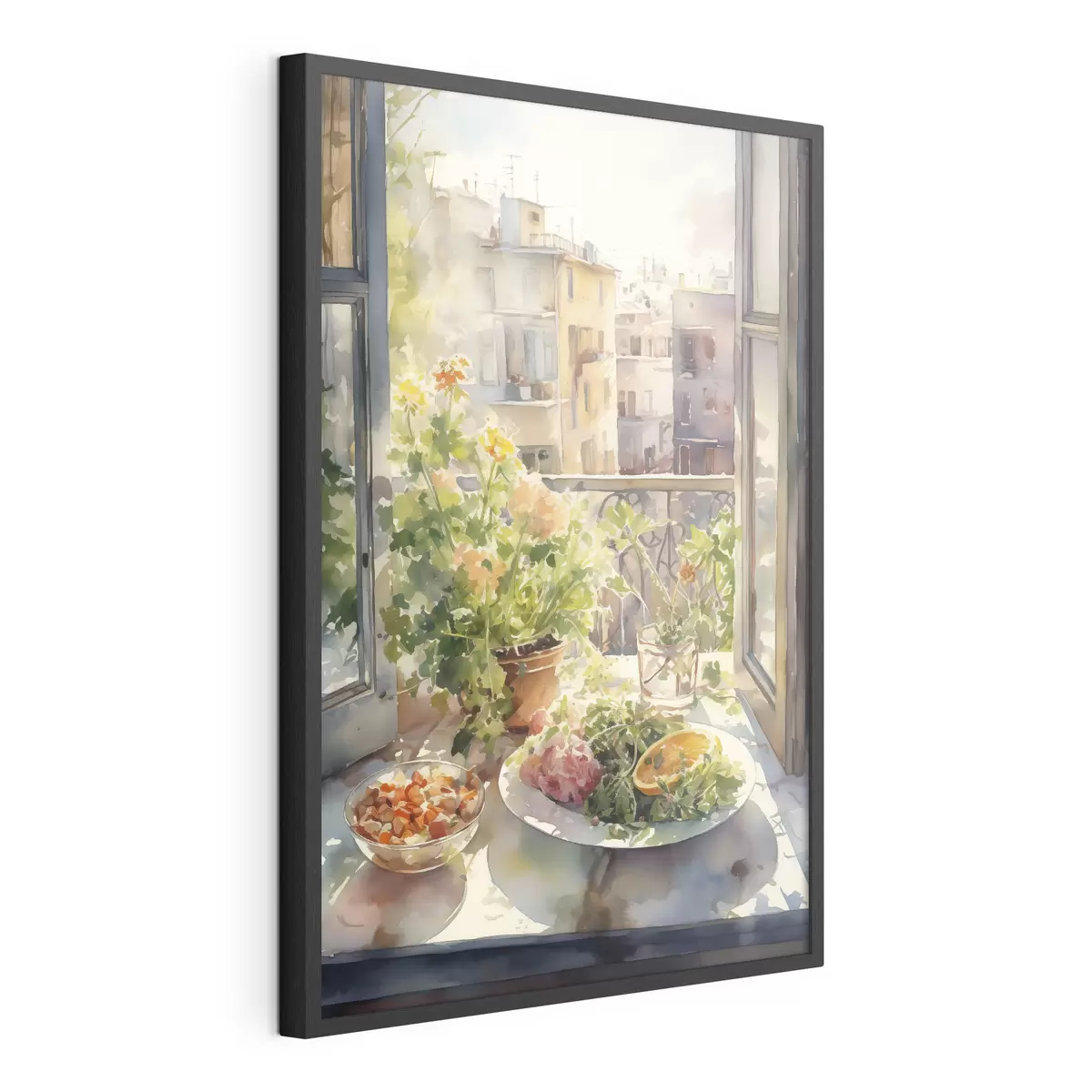 Poster Aquarell Abendessen, Stadtansicht, Blumen, Natur, grüner Salat f41166