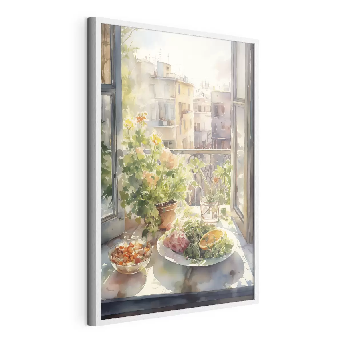 Poster Aquarell Abendessen, Stadtansicht, Blumen, Natur, grüner Salat f41166