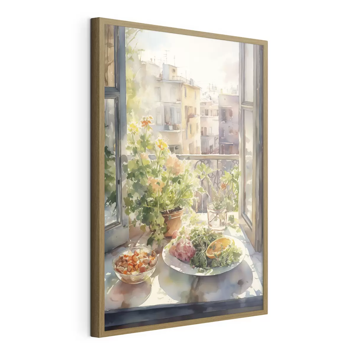Poster Aquarell Abendessen, Stadtansicht, Blumen, Natur, grüner Salat f41166